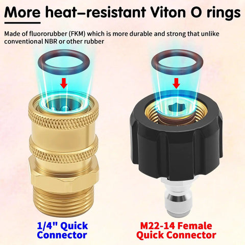 Image showing 1/4 inch quick connector and M22-14 female quick connector with 20 Pack Three Eighths Inch Viton O Rings for sealing.