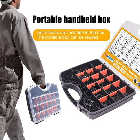 Man carrying a portable box containing 3670 Piece Metric Screw Set With M2 M3 M4 M5 Hex Socket Head and Hex Button Head Screws, 33 Sizes