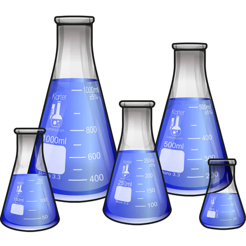 Five Piece Narrow Mouth Erlenmeyer Flask Set in Borosilicate 3.3 Glass with 50ml, 150ml, 250ml, 500ml and 1000ml Capacities