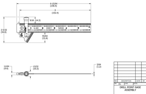 Technical drawing of Drill Point Gauge 22C Top Notch Precision Stainless Steel Measuring Tool with detailed measurements