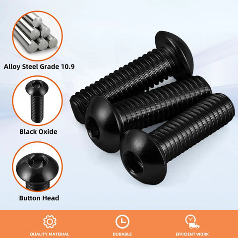 Badass M5 By 8mm Button Head Hex Socket Cap Screws 10.9 Grade Alloy Steel Black Oxide Finish 100 Pack Hardware for Carpentry, showing black oxide screws.