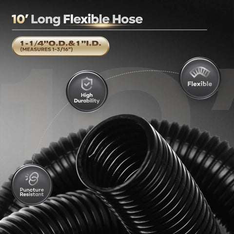 10 Ft Dust Collection Hose Kit With Five Fittings For Woodworking Tools Home Use And Wet Dry Shop Vacuums coiled in black, puncture resistant