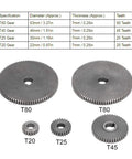 Pro Grade Mini Metal Lathe Gear Set Replacement Kit for T80 T45 T25 T20 Machines showing five metal gears with specifications