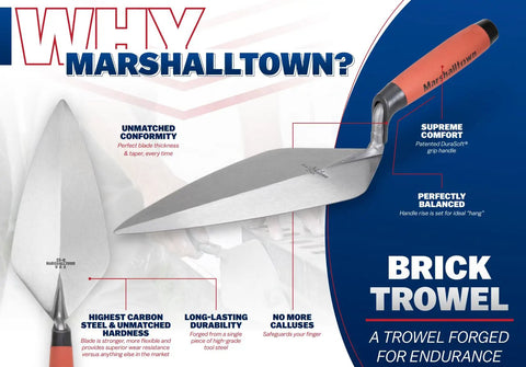 London Brick Trowel With DuraSoft Handle For Pro Masonry Projects Thirteen By Five Point Three Eight Inch Forged High Carbon Steel Made In USA Great For Block Work Stonework And Bricklaying displayed on informational graphic with handle details and product features.