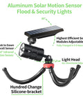 Ultra Bright Solar Motion Light Outdoor Waterproof Security Spotlight Motion Activated With Flexible Tripod Aluminum Floodlight showing adjustable solar panel and tripod design.
