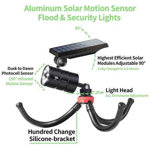 Ultra Bright Solar Motion Light Outdoor Waterproof Security Spotlight Motion Activated With Flexible Tripod Aluminum Floodlight showing adjustable solar panel and tripod design.