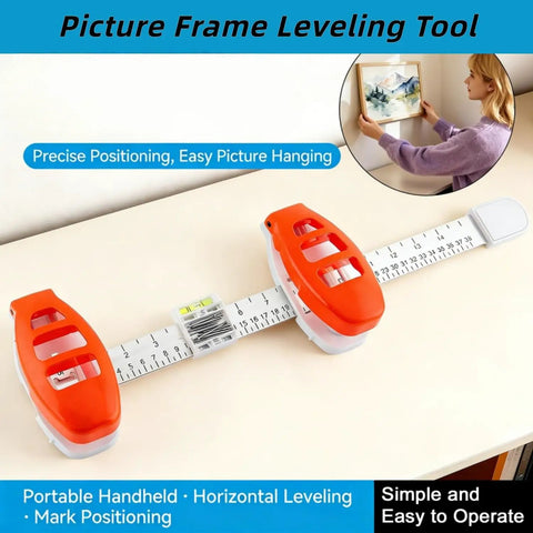 All In One Picture Hanging Tool With Level And Ruler For Effortless Wall Decor Alignment, bright orange on table