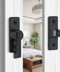 2 Pack Heavy Duty 180 Degree Barn Door Lock Hardware With Thickened Flip Latches installed on white sliding door with bedroom view