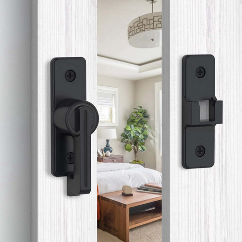 2 Pack Heavy Duty 180 Degree Barn Door Lock Hardware With Thickened Flip Latches installed on white sliding door with bedroom view