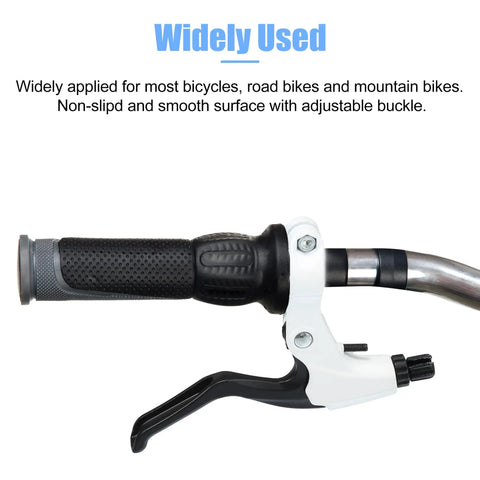 White Universal 22mm Aluminum Alloy Bicycle Brake Lever Set For Road And Mountain Bikes attached to handlebar