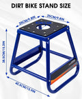 Detachable Universal Motorcycle Stand With Anti-Skid Support, dimensions labeled, blue metal construction, for multiple models.