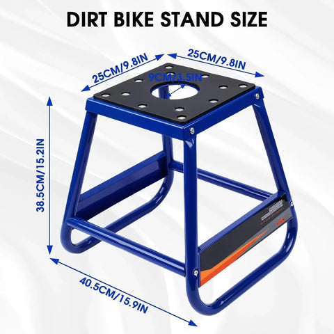 Detachable Universal Motorcycle Stand With Anti-Skid Support, dimensions labeled, blue metal construction, for multiple models.