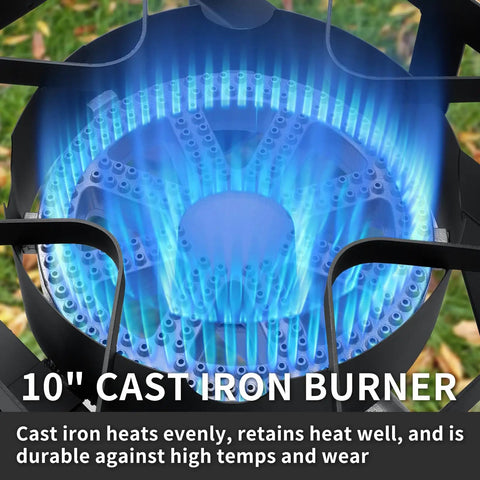 Blue flame from a 10" cast iron burner on a Dual Burner Propane Camping Stove With 200,000 BTU Beast Power