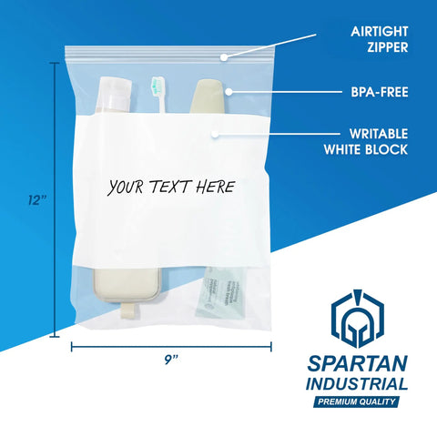 Top Shelf Nine By Twelve Inch Clear Plastic Ziplock Bags Quick Snap Zip Seal And Writable White Label Blocks Five Hundred Count storage pouch with toiletries.