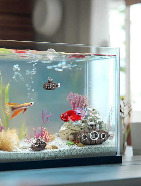 Mini Floating Submarine Fish Tank Decor Dope Resin Eco Friendly Vintage Underwater Aquarium Accessory For Bettas Cichlids Goldfish Shrimps And Hermit Crabs Cute Retro Style in fish tank with colorful fish and plants