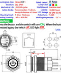 Technical diagram of IP67 Waterproof Latching Push Button Switch 15A 12-24V DC With LED Angel Eye Light 16mm Hole SPST 1NO Stainless Steel 304