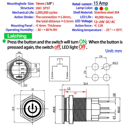 Technical diagram of IP67 Waterproof Latching Push Button Switch 15A 12-24V DC With LED Angel Eye Light 16mm Hole SPST 1NO Stainless Steel 304