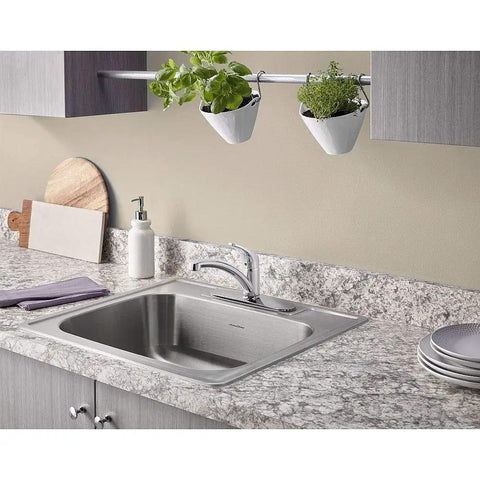 Modern kitchen with Colony Pro Single Handle Kitchen Faucet With Deck Plate In Polished Chrome beside stainless steel sink