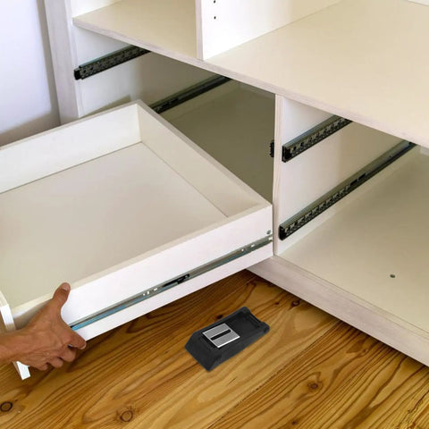 Cabinet drawer with Two Pack Rubber Toggle Latch Draw Catch for storage boxes and boat cargo placed on wooden floor.