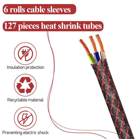 Six Rolls Braided Cable Sleeves Kit With 127 Heat Shrink Tubes, Five Meters Each, 6 Mm 8 Mm 10 Mm Diameters, PET Expandable Cord Organizer