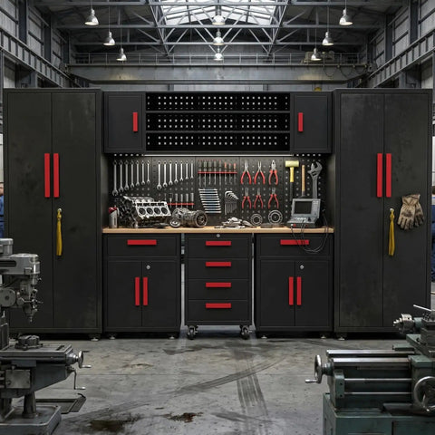 Black Garage Tool Cabinet Set, 9-Piece Storage System For Tools And Gear, Heavy-Duty Corner Workshop Organizer