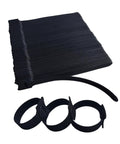 Six Inch Black Reusable Cable Ties Pack of 200 For Easy Cable Management, Adjustable Cord Straps, Cable Organizer, Hook Loop Cords Wrap, Keeps Wires Neat at Home, Office and Data Center Setups, black microfiber hook-and-loop ties shown folded and looped