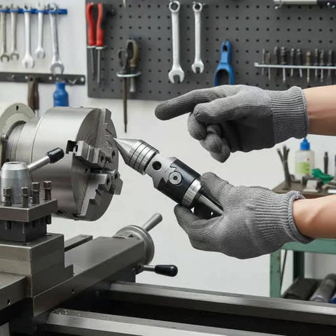 Heavy Duty Taper Pin Lathe Center With Rotating Conical Point For Woodturning Projects, 12mm alloy steel tool in use.