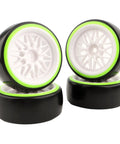 One Tenth Scale On Road RC Drift Tires And Wheels Ready To Drift Set With 12mm Hex Hub, featuring white rims with green accents.