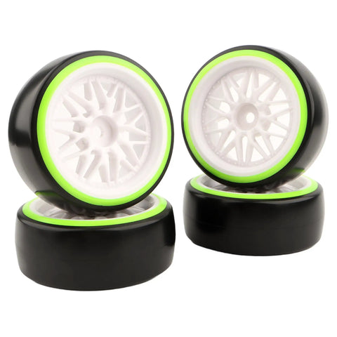 One Tenth Scale On Road RC Drift Tires And Wheels Ready To Drift Set With 12mm Hex Hub, featuring white rims with green accents.