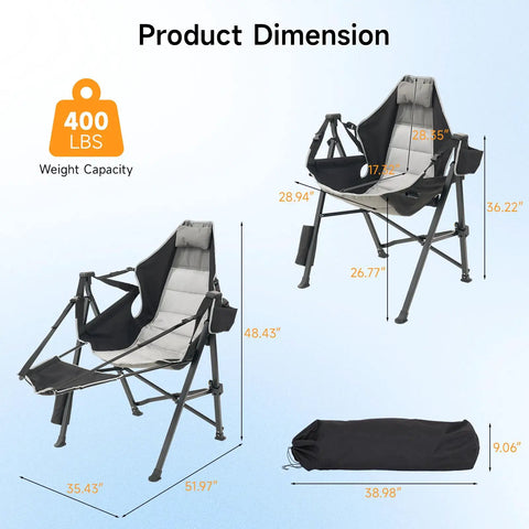 Dimensions of Heavy Duty Hammock Camping Chair With Removable Footrest And Cup Holder, 400 lbs capacity, folded view included