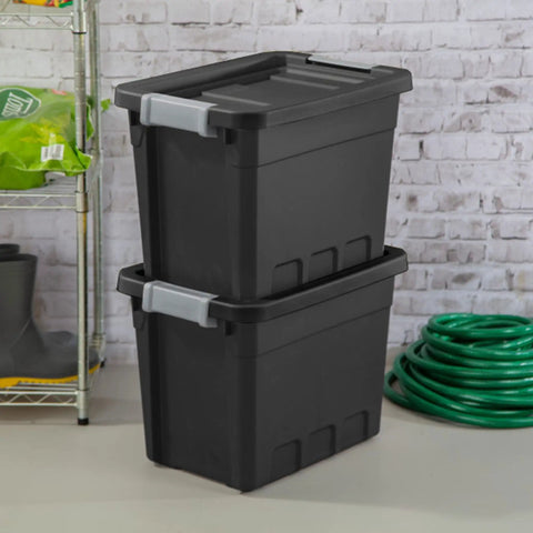 Two black stackable totes, each 7.5 gallons, with recessed lids and heavy-duty latches, for home organization in garages and basements