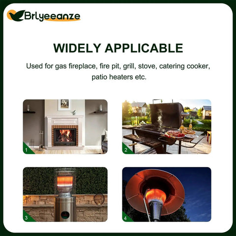 Four images showing uses for Outdoor Patio Heater Thermocouple Replacement Universal Fit, including fireplaces and outdoor grills.