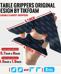 Hand holding non slip rug grippers corner tapes set, dimensions labeled, original design, 8-piece set for hardwood or tile floors.