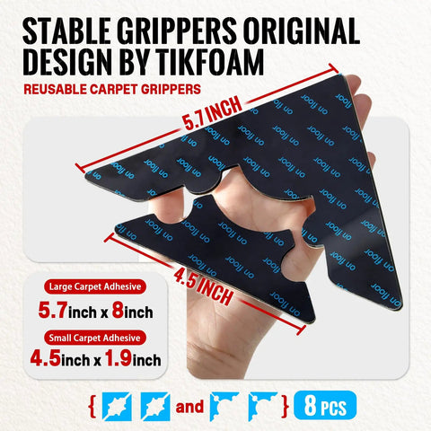 Hand holding non slip rug grippers corner tapes set, dimensions labeled, original design, 8-piece set for hardwood or tile floors.