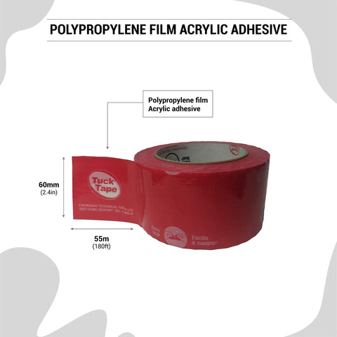 Red Epoxy Resin Construction Tape For Sheathing, 2.4 Inch By 180 Foot Roll displayed with polypropylene film acrylic adhesive label