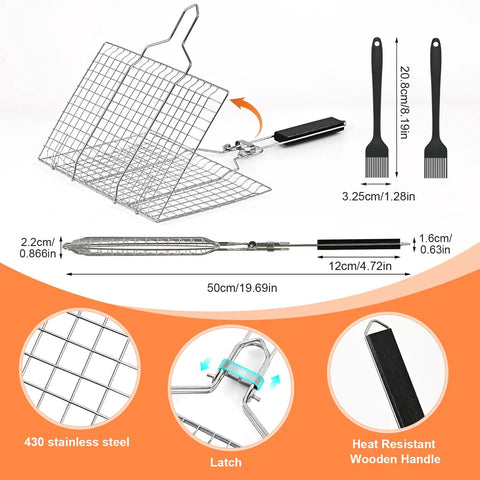Foldable Stainless Steel Fish Grill Basket For Grillin Veggies Shrimp And Meat Portable BBQ Rack with detachable handle and brushes