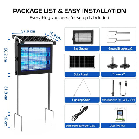 Cordless Solar Bug Zapper With USB Recharge No Fuss 4500V High Power Mosquito Killer package list and installation guide
