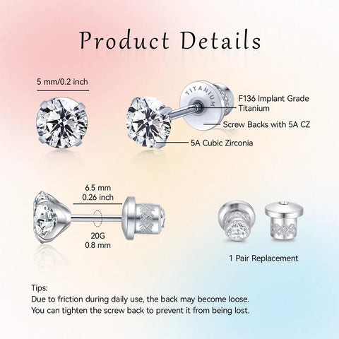 G23 Titanium Screw Back Earring Set Featuring White Cubic Zirconia Studs Crafted For Sensitive Ears With Nickel Free Implant Grade Build Straight Up Comfy Lowkey Perfect Daily Go To Pick details with sizes.