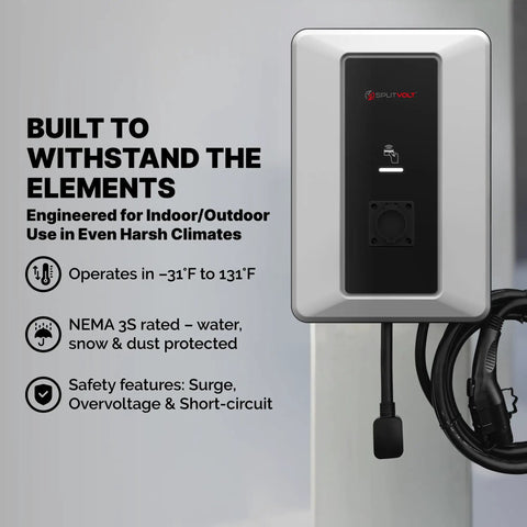 Level Two Electric Vehicle Charger With 50amp Hardwired Or 40amp Nema 14 50 Plug Setup Straight Up Easy Hookup No Hassle 240 Volt Charging For All Car Models showcasing rugged design for indoor/outdoor use.
