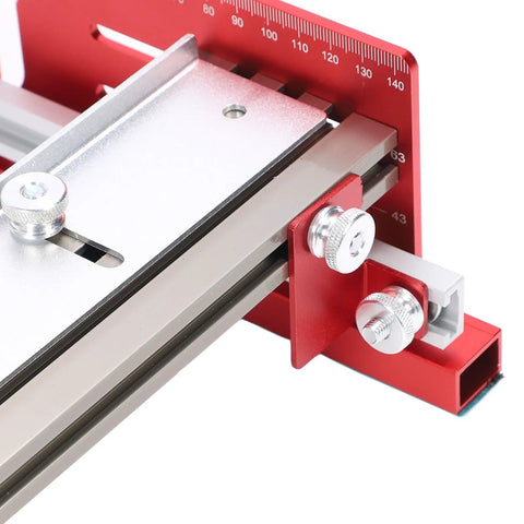 Close-up of a Pro Grade Woodworking Router Sliding Plate Sled For Planing And Flattening, showing adjustable 590mm aluminum guide.