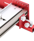 Close-up of Router Sled For Slab Flattening Adjustable Planing Jig and Groove Bracket, highlighting the precision measurement scale.