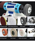 Kickass Desktop Belt Sander And Engraving Machine Featuring Rock Solid 750W High Power Motor Compact Table Grinder For Woodworking Metal Polishing Tasks With Tight Drill Chuck Attachment And Low Vibration Design showing various wheels and drill chuck.