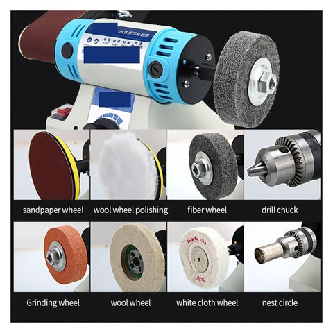 Kickass Desktop Belt Sander And Engraving Machine Featuring Rock Solid 750W High Power Motor Compact Table Grinder For Woodworking Metal Polishing Tasks With Tight Drill Chuck Attachment And Low Vibration Design showing various wheels and drill chuck.