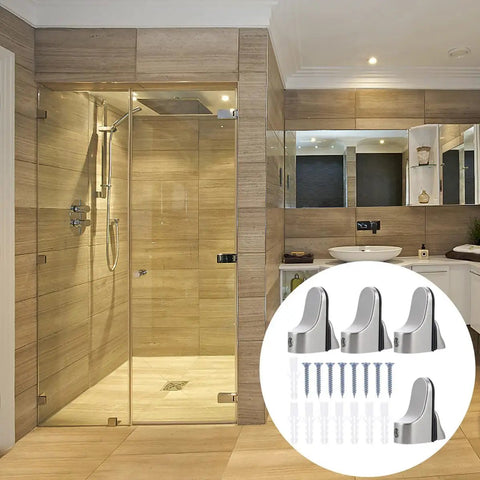 Bathroom scene with Adjustable Floating Glass Shelf Brackets In Zinc Alloy 4 Pack Wall Mount Clamp Supports shown in detail