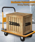 Foldable Platform Cart With Flatbed, 330 Lb Capacity, 4 Wheels, Portable Yellow Utility Cart in use carrying wooden crate
