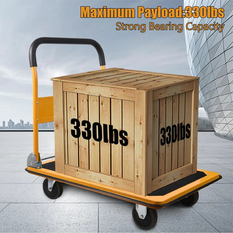 Foldable Platform Cart With Flatbed, 330 Lb Capacity, 4 Wheels, Portable Yellow Utility Cart in use carrying wooden crate
