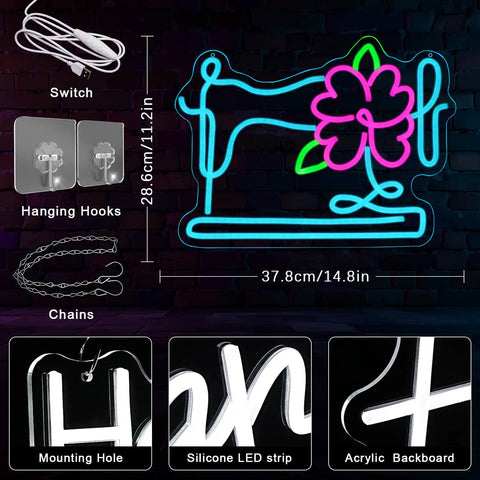 Floral Sewing Machine Neon Sign For Wall Decor LED Light Thats The Vibe With Colorful Floral Sewing Decor 14.8 x 11.2 in.