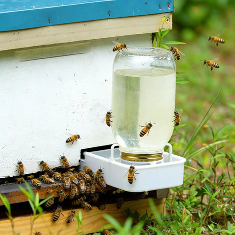 Beekeeping Water Dispenser Lids For Mason Jars, Four Pack Metal Entrance Feeders with bees at water station