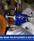 User using Quad Piston Brake Caliper Press Tool for quick replacement of single dual and quad calipers, heavy duty tool in action
