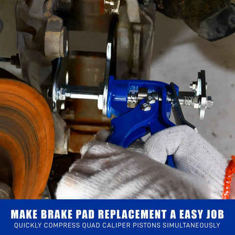 User using Quad Piston Brake Caliper Press Tool for quick replacement of single dual and quad calipers, heavy duty tool in action